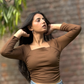 Brown Side Elastic Ruched Crop Top