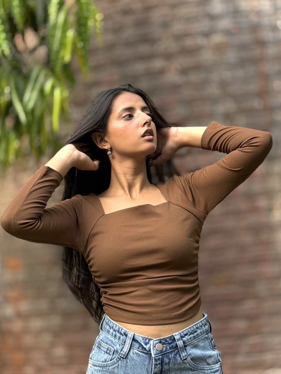 Brown Side Elastic Ruched Crop Top
