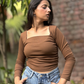 Brown Side Elastic Ruched Crop Top