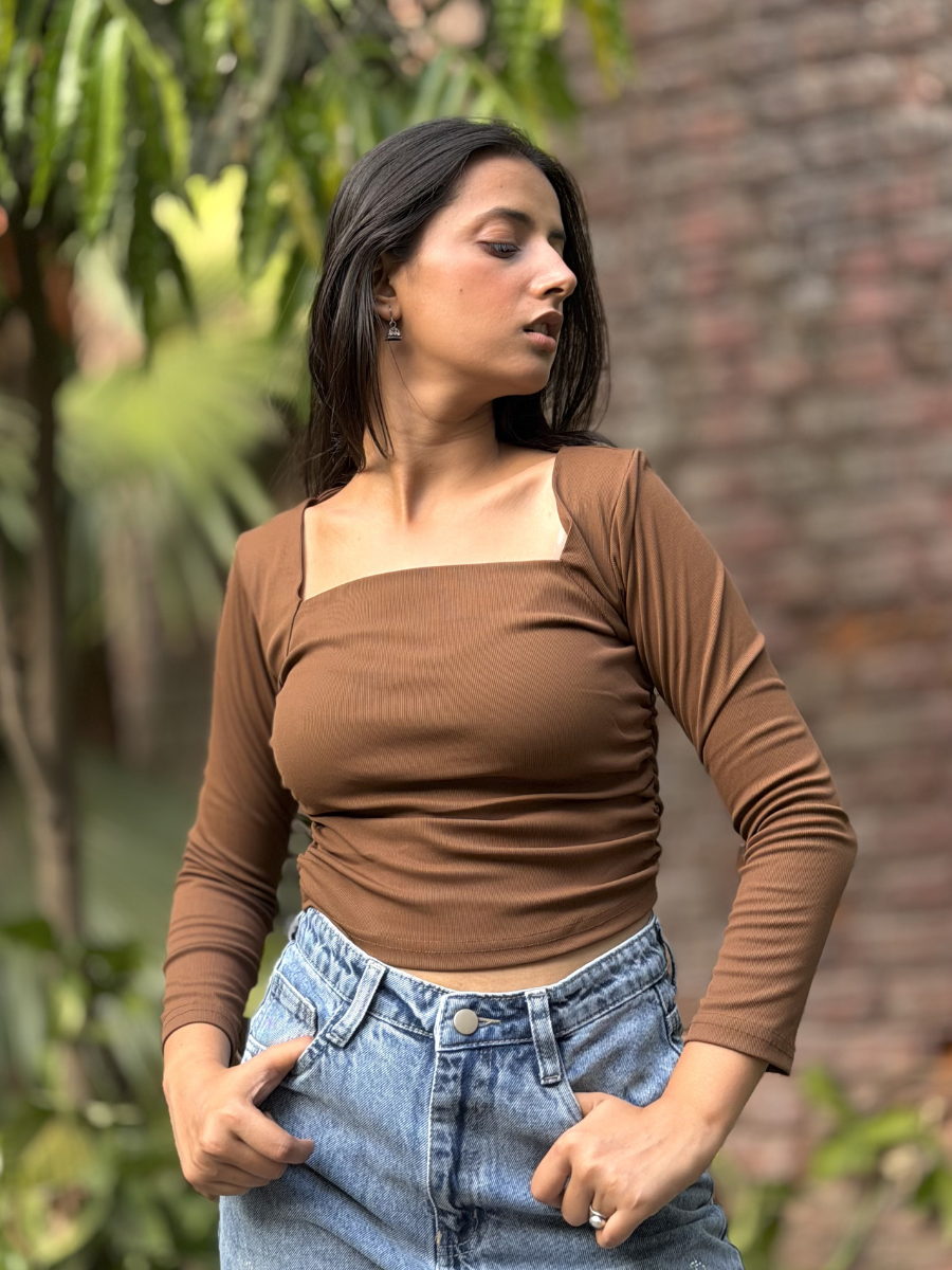 Brown Side Elastic Ruched Crop Top