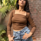 Brown Side Elastic Ruched Crop Top