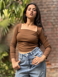 Brown Side Elastic Ruched Crop Top