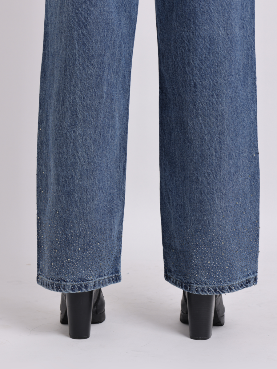 Mid-Blue Rhinestone Straight-Fit Jeans