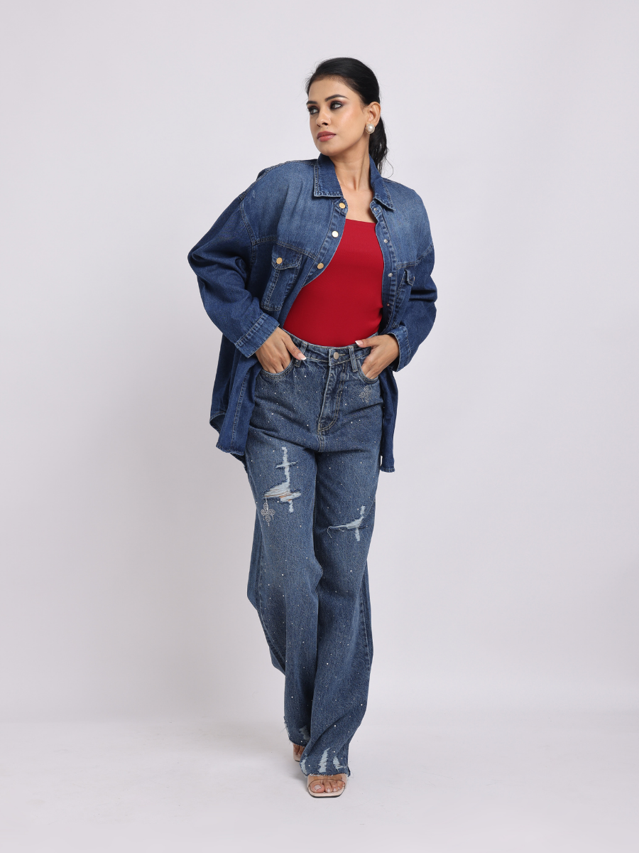 Dark Blue Oversized Denim Shirt with Dropped Shoulder