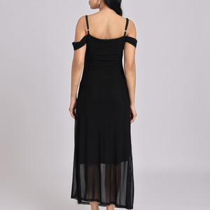 Black Draped Cold-Shoulder Sheer Hem Maxi Dress