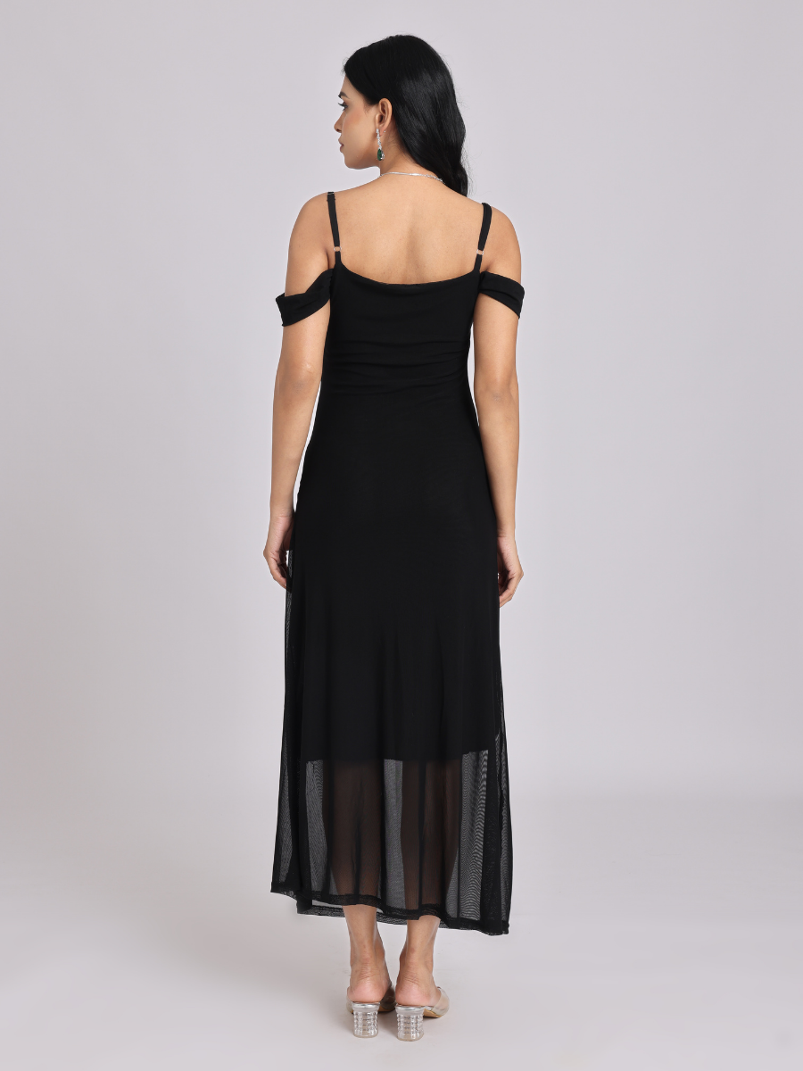 Black Draped Cold-Shoulder Sheer Hem Maxi Dress
