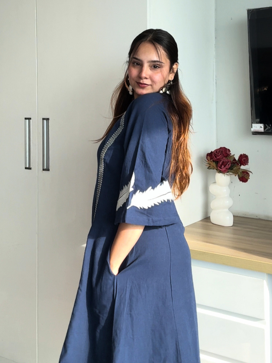 Midnight Blue Embroidered Flared Dress