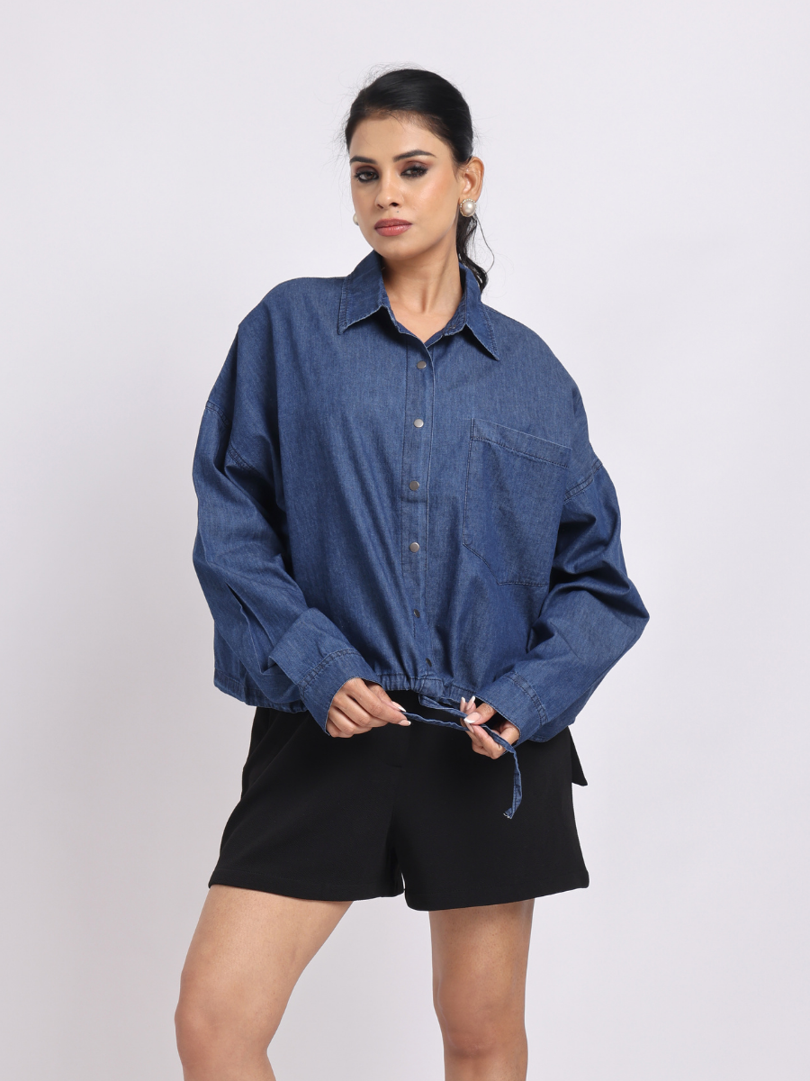 Drawstring Hem Denim Shirt