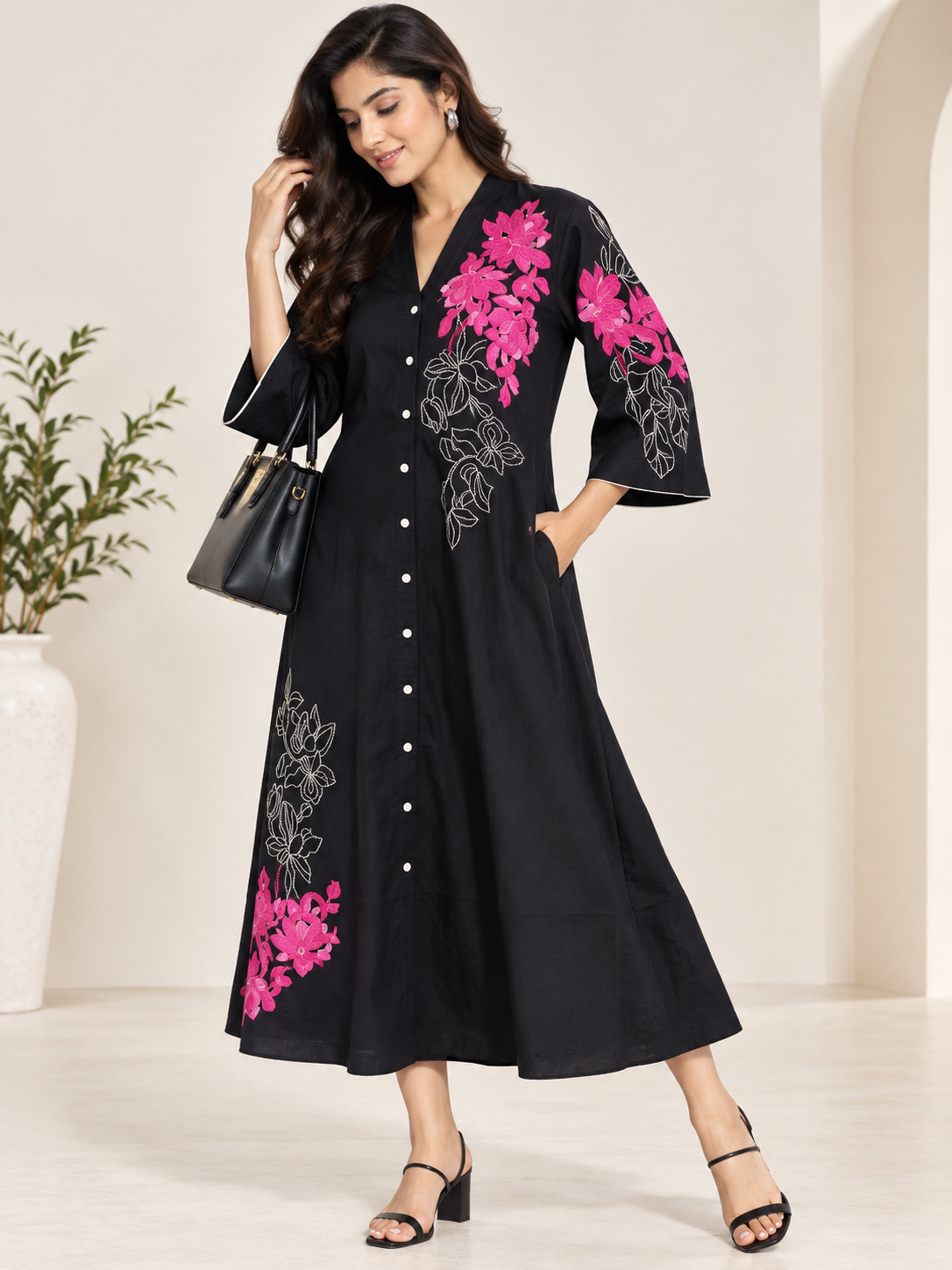Black Embroidered Cotton A-Line Midi Dress