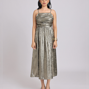 Metallic Gold Cowl-Neck Bow-Back Midi Dress