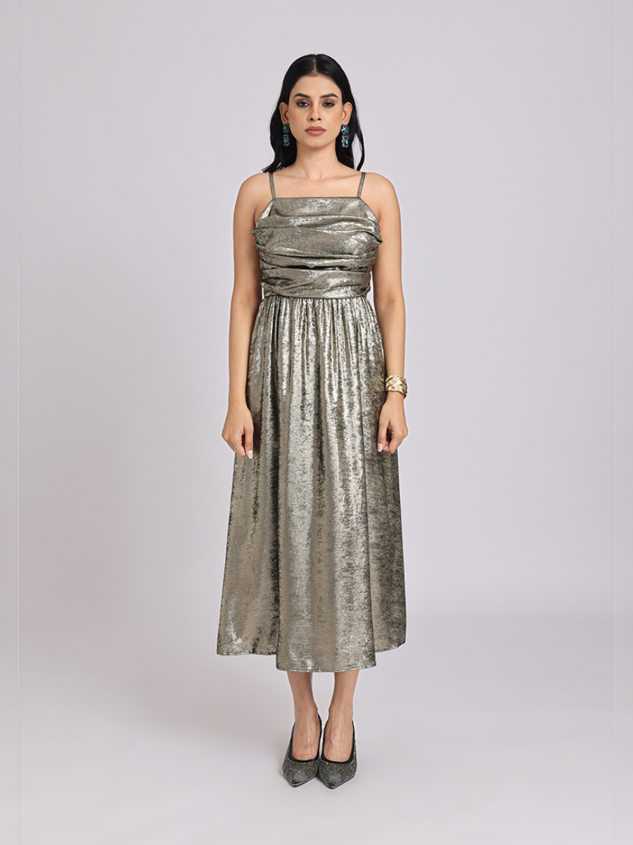 Metallic Gold Cowl-Neck Bow-Back Midi Dress