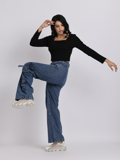 High-Waist Cargo Wide-Leg Jeans
