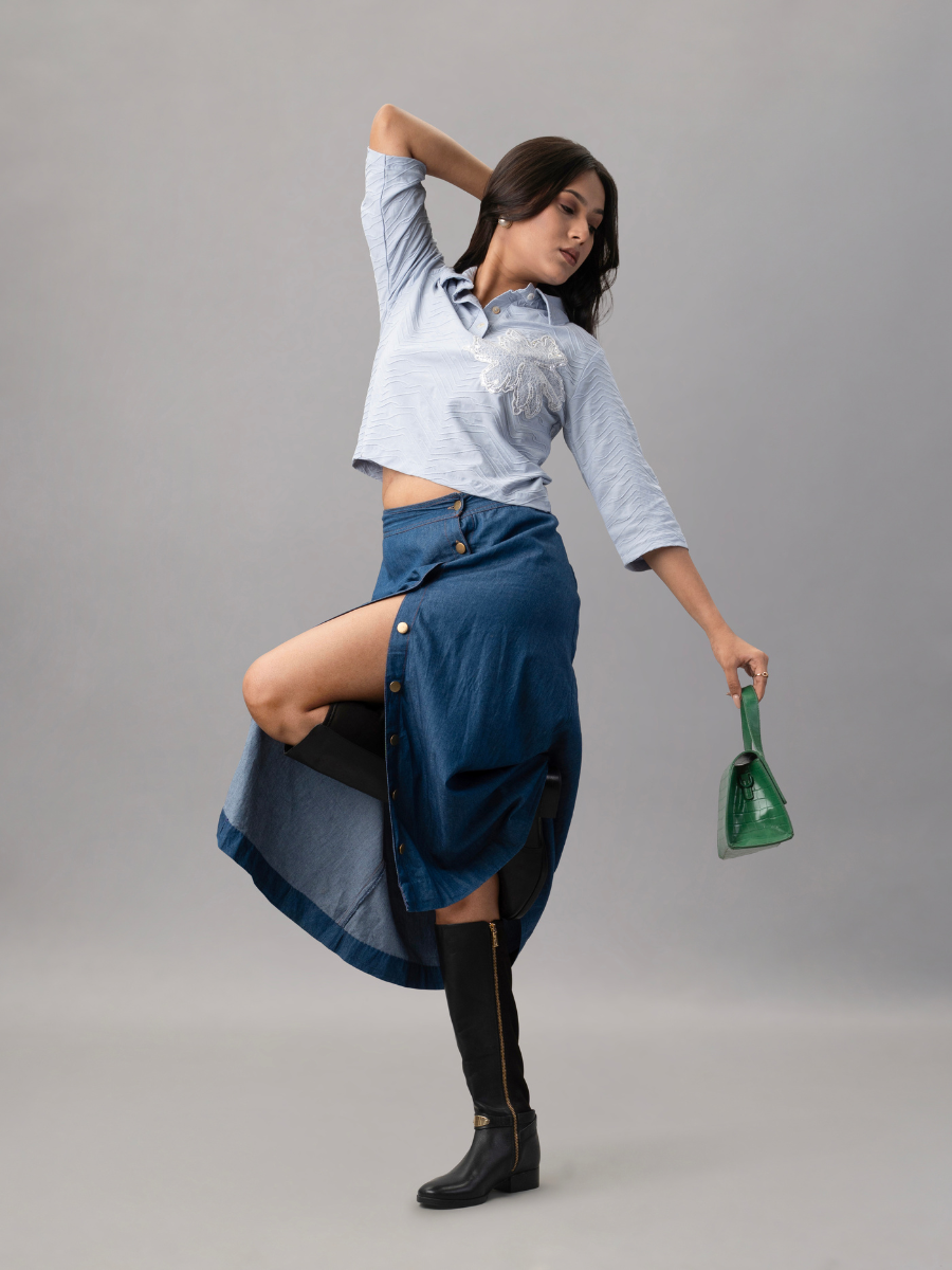 Sky Ripple Embroidered Collared Top