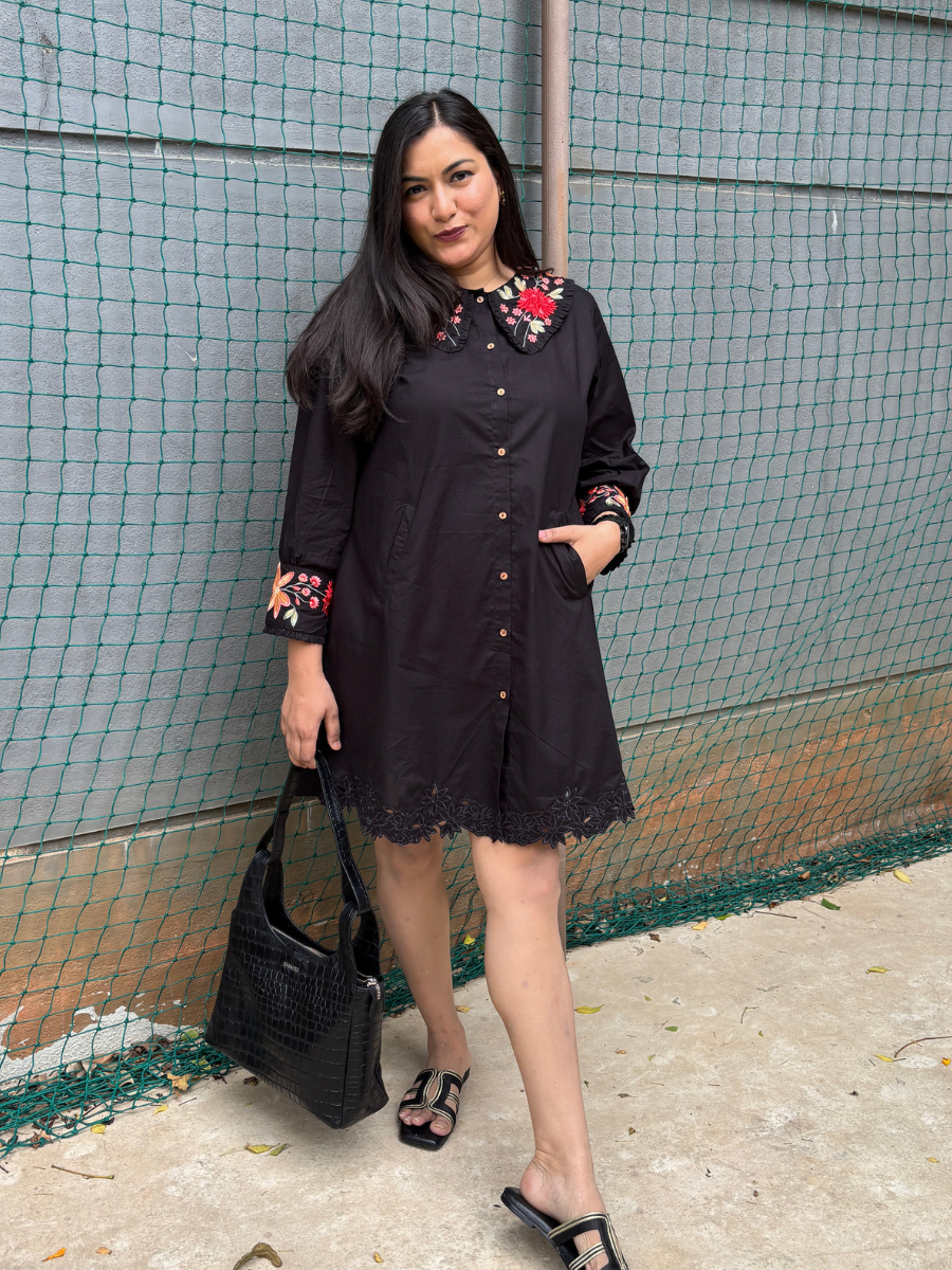 Embroidered Black Collar Dress