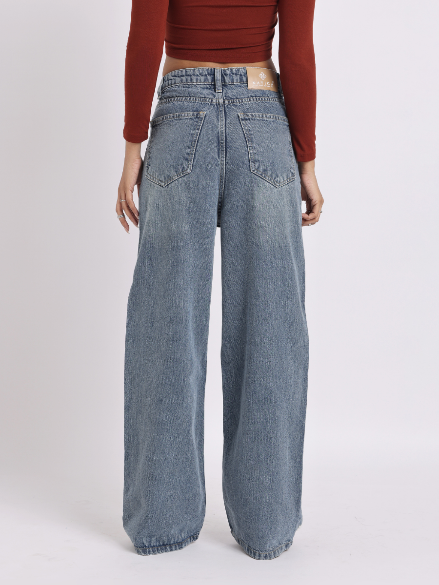 Mid-Rise Pearl-Studded Blue Denim Jeans