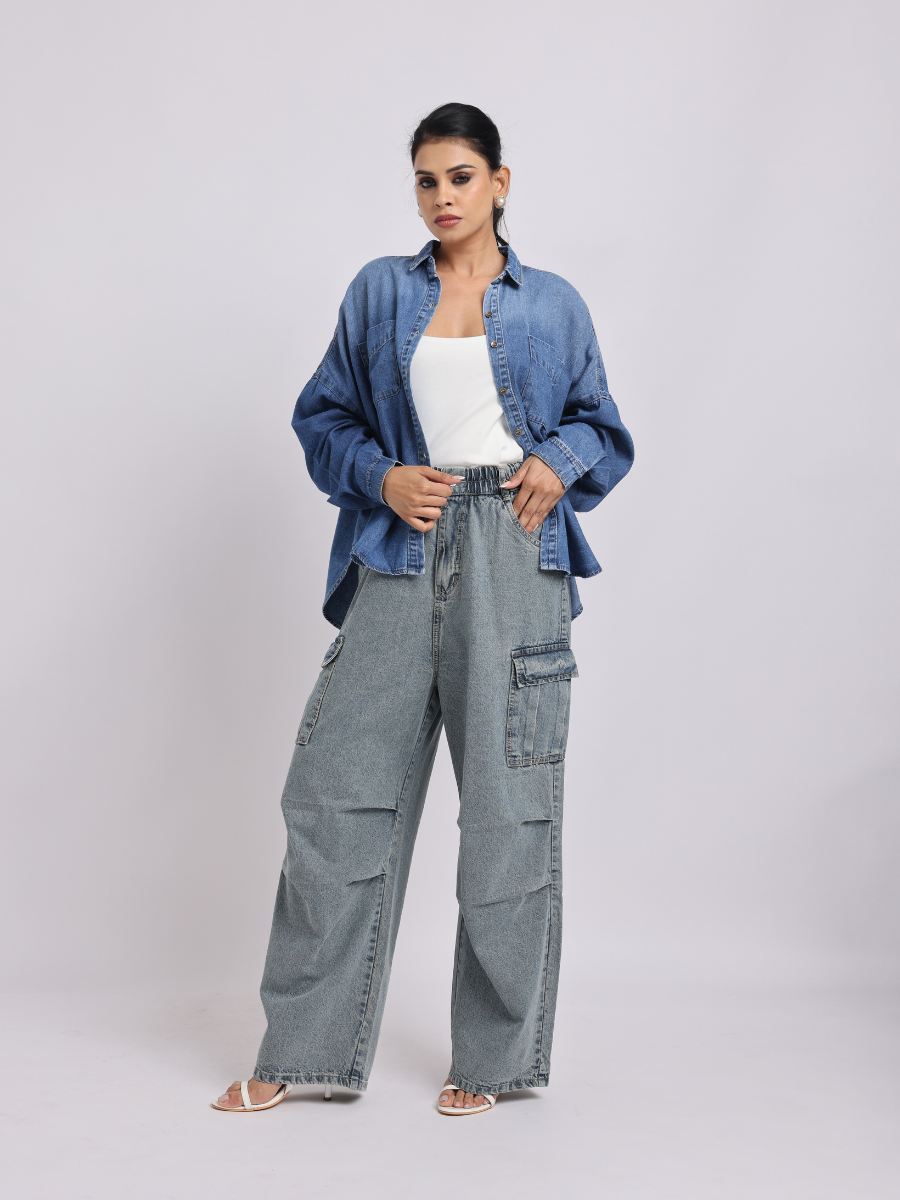 Oversized Blue Denim Shirt with Dropped Shoulder