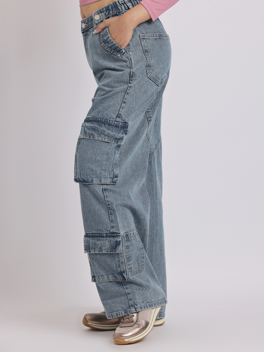 Blue Adjustable Waist Cargo Jeans for Women