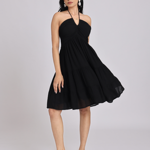 Black Halter-Neck Tiered Midi Dress