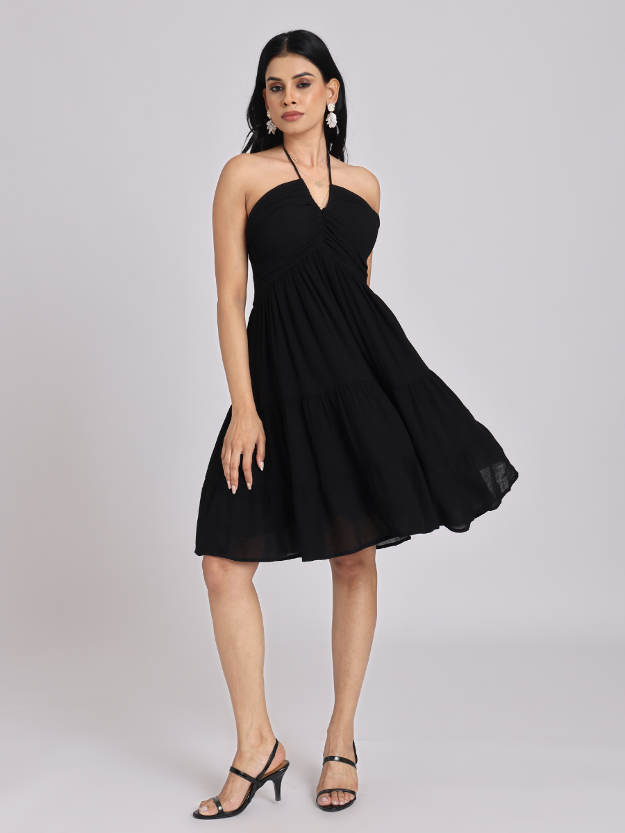 Black Halter-Neck Tiered Midi Dress