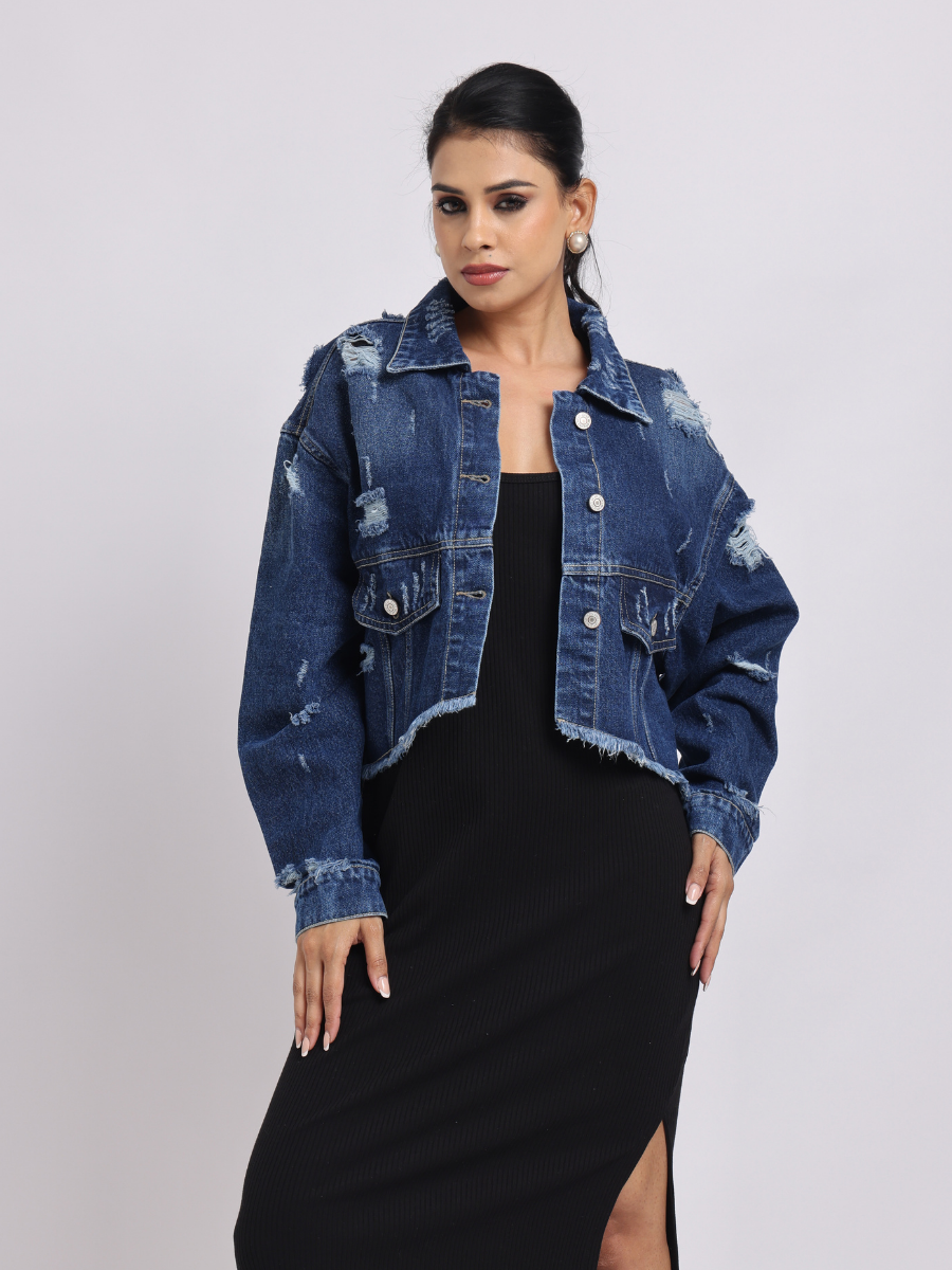 Blue Distressed Cropped Denim Jacket