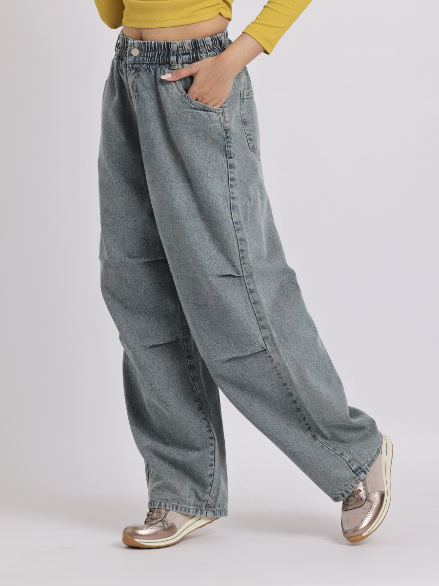 Grey Elastic Waist Wide-Leg Denim Jeans