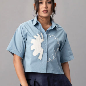 Sky Blue Cropped Shirt with Oversized White Appliqué Flower