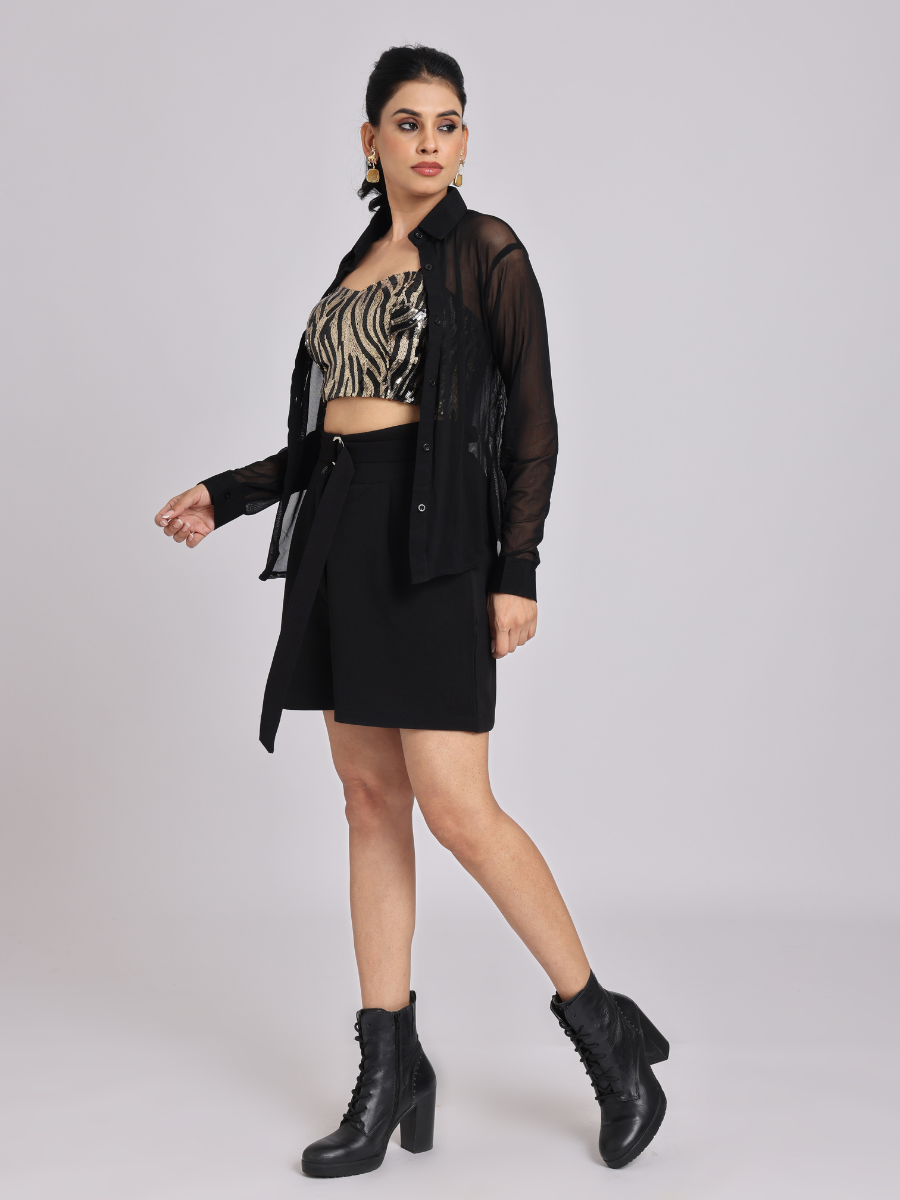 Gold Sequin Crop Top with Black Sheer Shirt