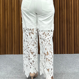 Floral Lace Applique Wide-Leg Jeans