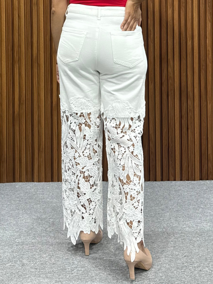 Floral Lace Applique Wide-Leg Jeans