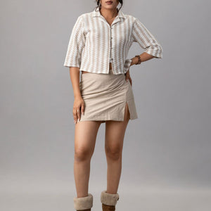 Beige Houndstooth Knit Crop Shirt