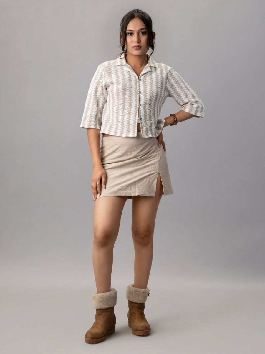 Beige Houndstooth Knit Crop Shirt