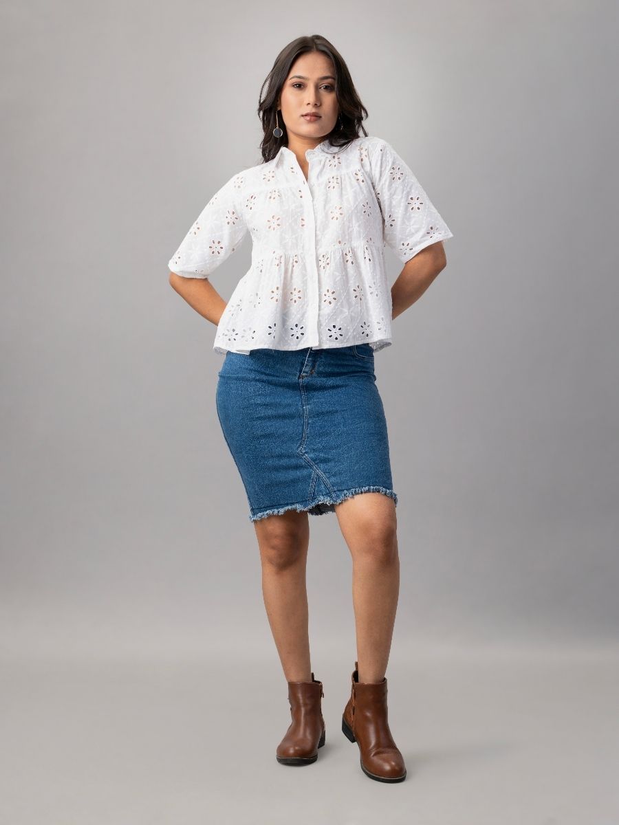 White Eyelet Embroidered Peplum Shirt