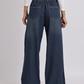 Dark Blue Drawstring Waist Wide-Leg Denim Jeans