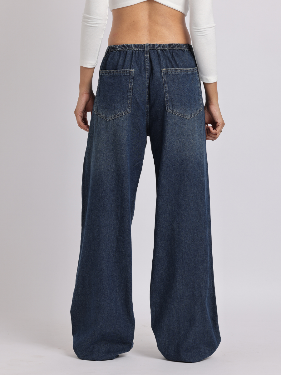 Dark Blue Drawstring Waist Wide-Leg Denim Jeans
