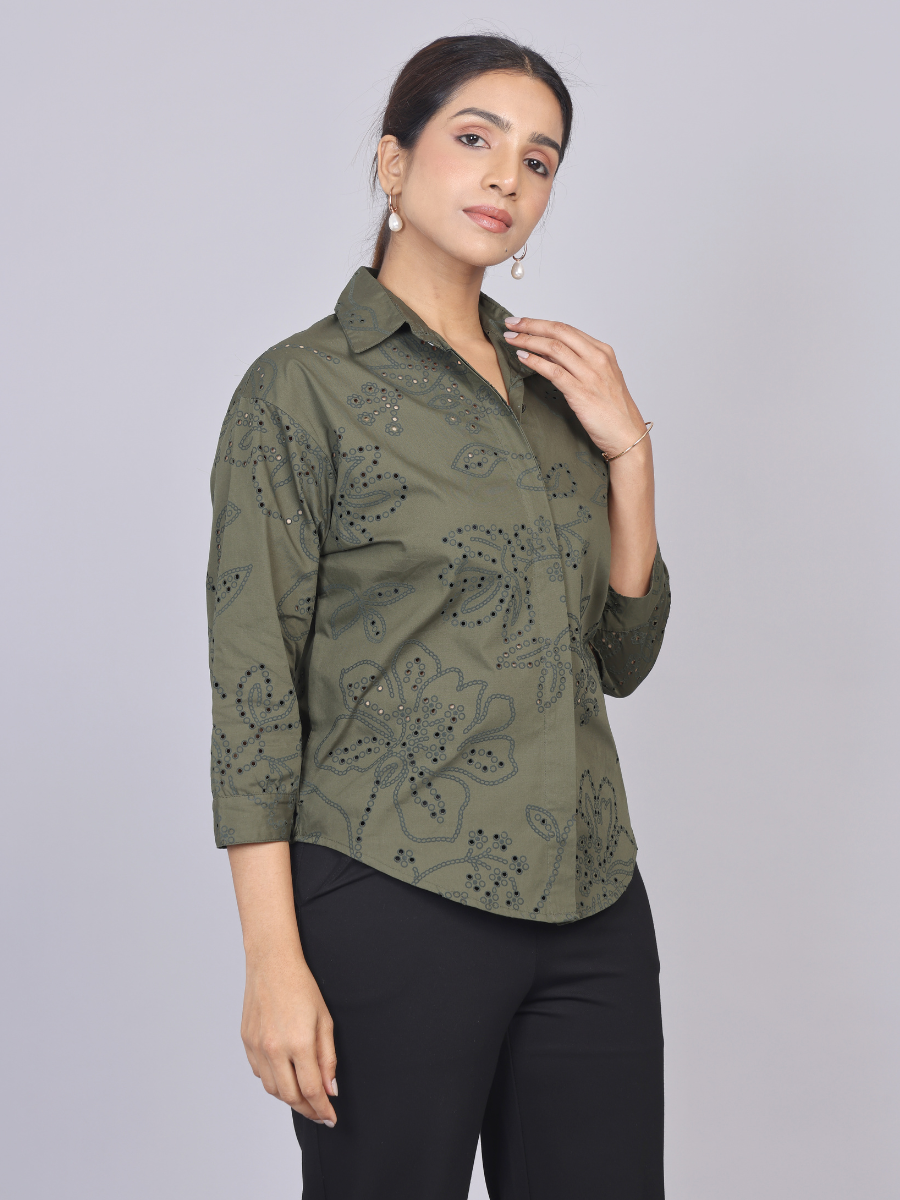 Deep Olive Cutwork Shirt