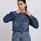 Blue Denim Jacket - Cropped Fit with Front Zipper Detail