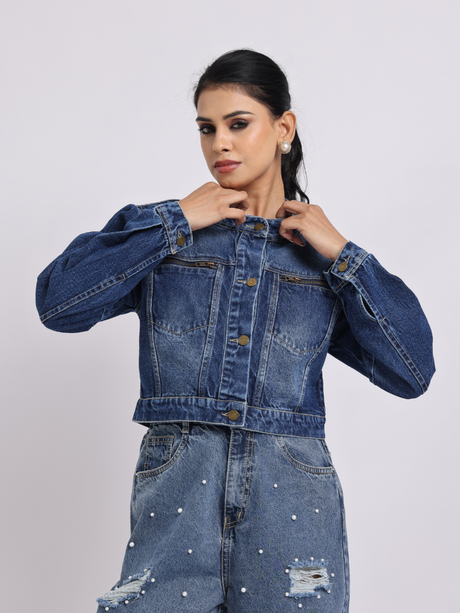 Blue Denim Jacket | Cropped Fit with Front Zipper Detail