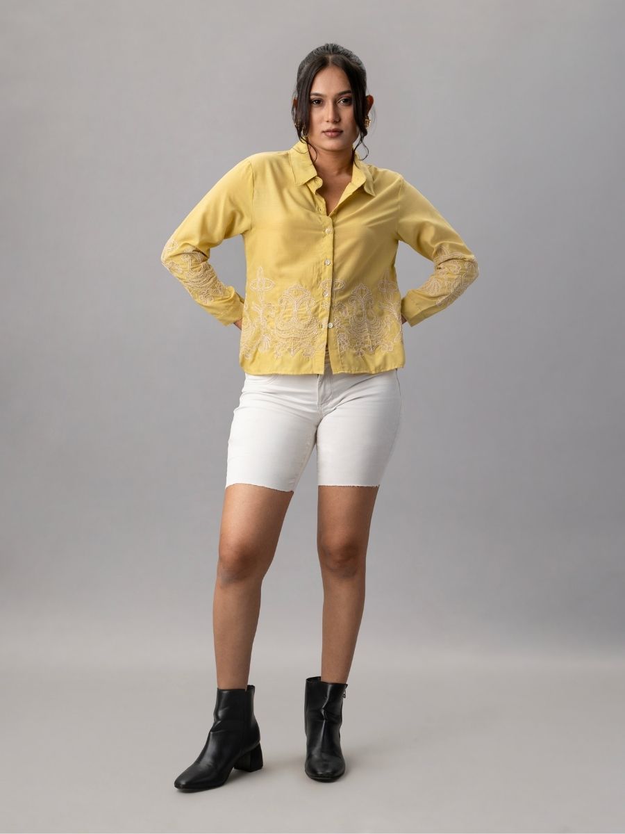 Mustard Yellow Shirt with Intricate Beige Embroidery