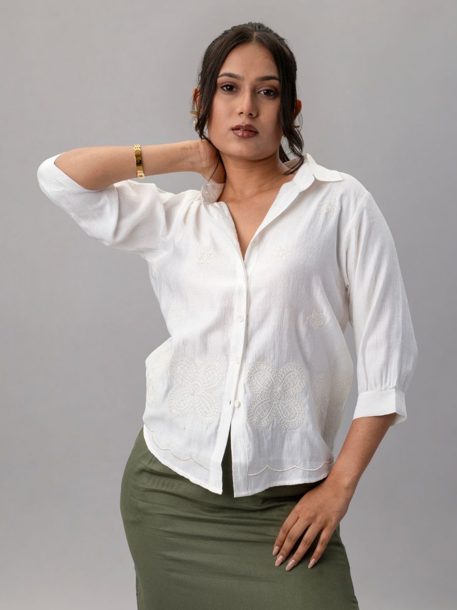 Classic White Embroidered Scallop Hem Shirt