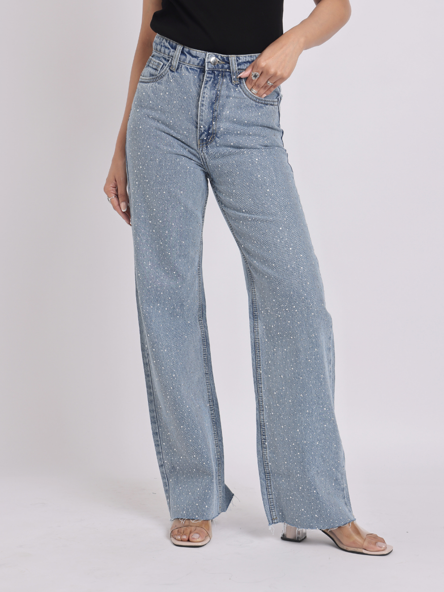Light Blue Rhinestone Studded Straight-Fit Denim Jeans