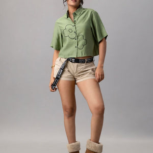 Sage Green Cropped Shirt with Floral Embroidery