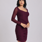 Wine Ruched Mesh-Sleeve Bodycon Mini Dress