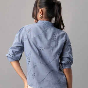 Blue Cotton Shirt with Cutwork Embroidery