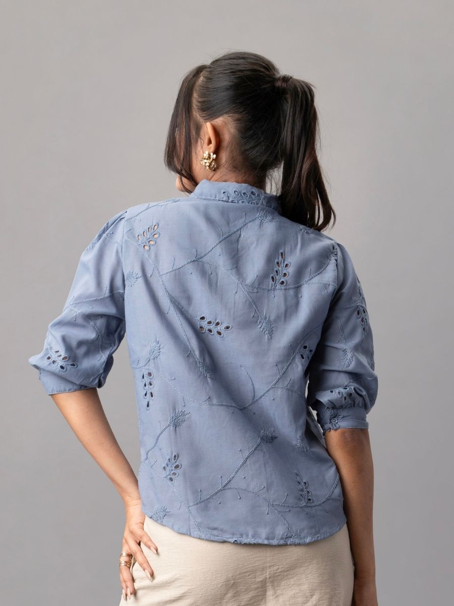 Blue Cotton Shirt with Cutwork Embroidery
