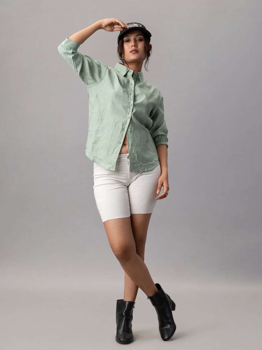 Sage Green Scallop Hem Embroidered Shirt