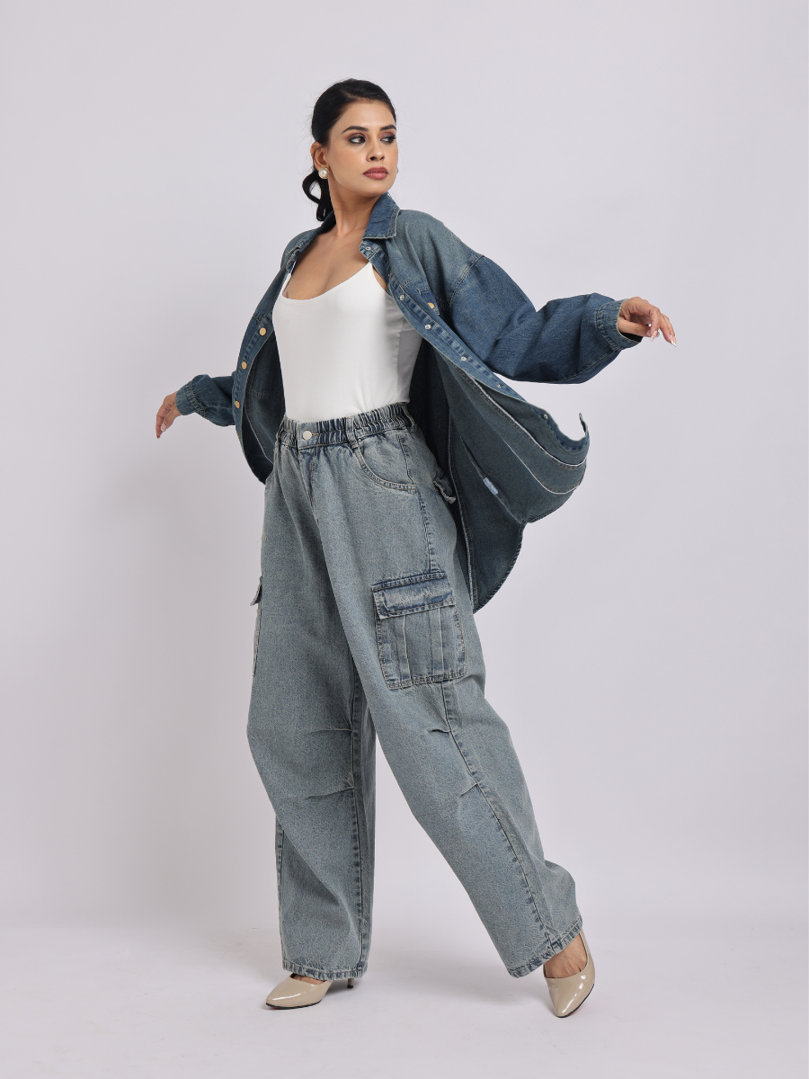 Mid Blue Oversized Denim Shirt with Dropped Shoulder