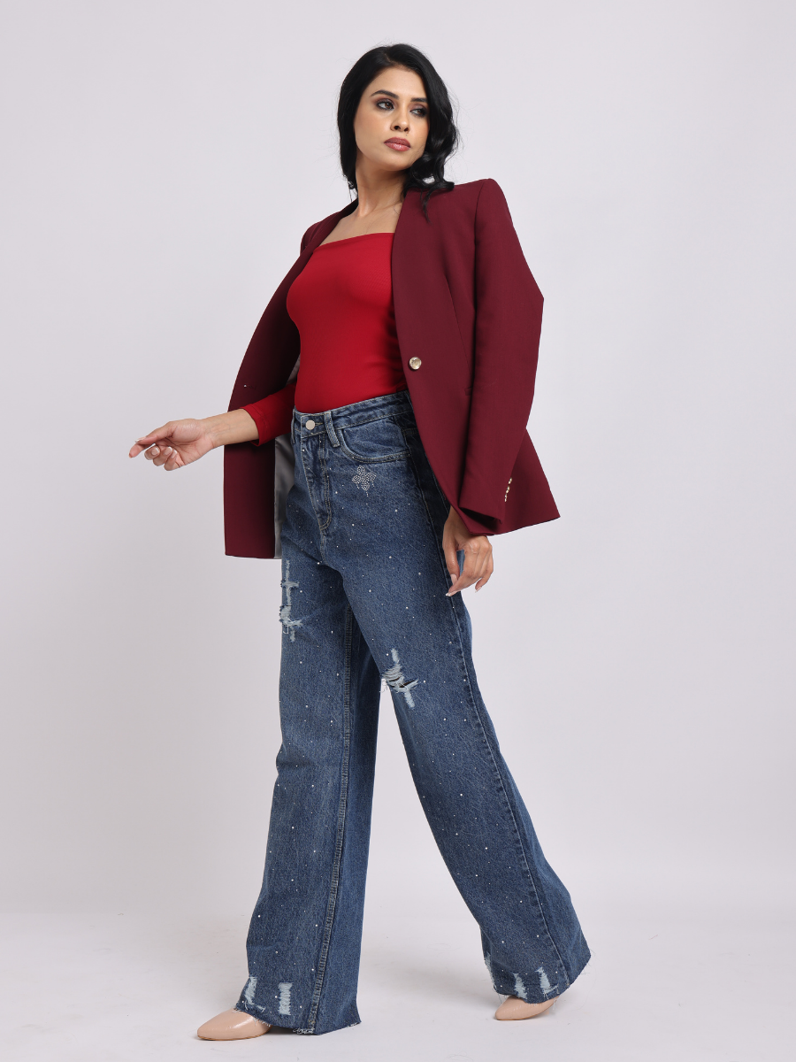 Dark Blue Distressed Rhinestone Wide-Leg Denim Jeans