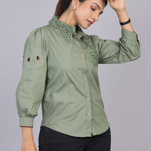 Olive Cutwork Embroidered Cotton Shirt