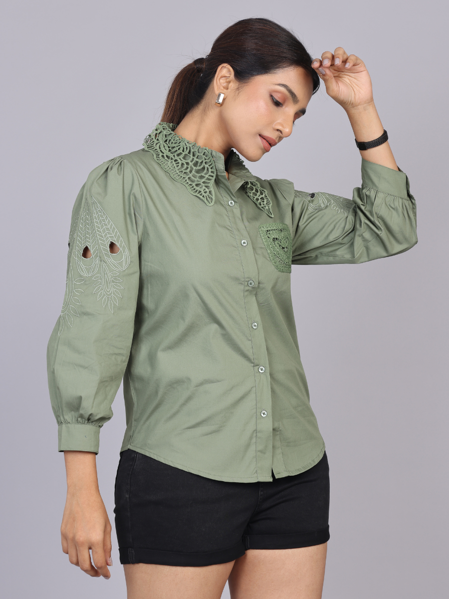 Olive Cutwork Embroidered Cotton Shirt