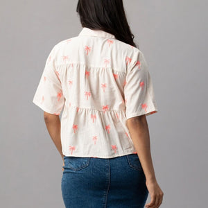 Palm Breeze Peplum Cotton Shirt - Pink